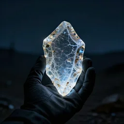 a glowing shard of kryptonite held in an open black - gloved hand, night photography