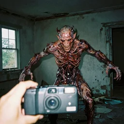 a disposable camera photograph with camera flash of a male demonic creature made of slimy oozy meat and veins inside an abandoned house attacking the pov, photorealistic, render octane, concept art, film