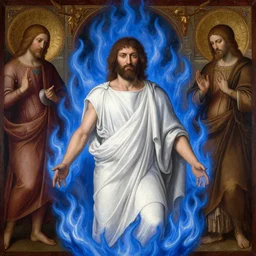 hank hill wearing a white toga, emerging from blue fire, surrounded by blue flames, waist - up shot, renaissance religious painting, late gothic religious paintings, byzantine religious art, painting by duccio di buoninsegna and carlo crivelli, trending on artstation