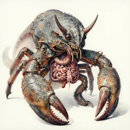 watercolor crustacean claw demon creature, granite skin macerated in cluster of shredded gastric surgery by richard corben, bernie wrightson, ian miller, & albrecht durer, fine art masterpiece baked at 3 0 0 f, matte painting, dystopian lighting, photorealistic render, cinematic,