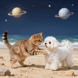 brown cat and maltese dog playing on the beach in space