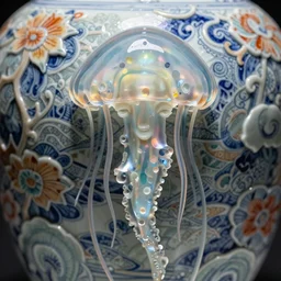 jellyfish , A Close up photo-real delicate ceramic porcelain sculpture of a symmetrical ornate detailed in front of an intricate background by Victo Ngai and takato yamamoto, micro detail, backlit lighting, face in focus, subsurface scattering, translucent, thin porcelain, octane renderer, colorful, physically based rendering, japanese pottery, trending on cgsociety