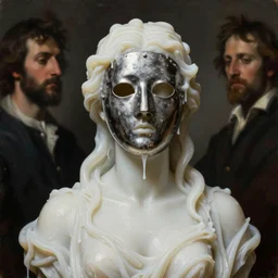 Beautiful wax sculpture of woman in steel full-face mask covered with melted white candle wax by Nicola Samori, Michelangelo da Caravaggio and Beksinski, dramatic volumetric lighting, full body portrait, highly detailed oil painting, trending on artstation, 4k, masterpiece