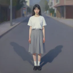 portrait of a beautiful girl, standing in an empty street, hard shadows, dark pastel shades, by ruan jia, by john chamberlain