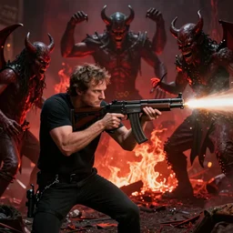 jordan peterson shooting a machine gun at demons that surround him in hell