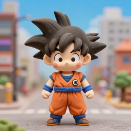 goku chibi cute made of clay, full body, hyper detailed, 3 5 mm, f 1. 2, city background, bokeh