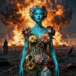 A portrait of a woman wearing clothes made out of dying flowers, nuclear explosion in the background, Masterpiece, cyan skin, glowing, wires everywhere, by Edgar Maxence and Ross Tran, Zdzisław Beksiński, and Michael Whelan, distant, gustav dore, H.R. Giger, 8k, octane render