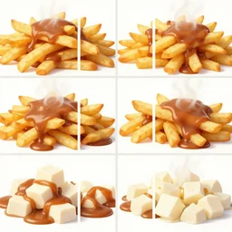 art style grids, french fries pile, steaming, brown gravy, white cubic cheese curds between french fries, red and blue plates, food photography