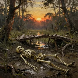 muddy jungle, fbroken bridge, skeleton corpse in swamp mud, daytime, ground broken, dramatic sunset, backlighting, oil painting landscape by frazetta