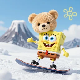 teddy bear, snowboarding on a volcano with spongebob