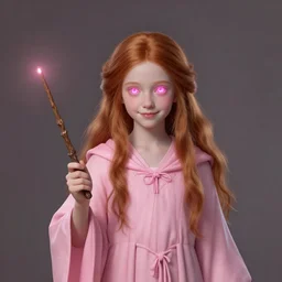 Full portrait of a cute teenager girl, classical witch, classical robes, pastel pink robes, long light red hair, wooden magic wand, glowy pink eyes, pale skin, cute smile, D&D, DND, high fantasy, extremely detailed, by Tony Sart, by artgerm, by Craig Mullins, by Mark Simonetti, by Peter Morbacher, matte painting, trending on Artstation, artstationHD, artstationHQ, cgsociety, octane, IMPORTANT: NO EXTRA CHARACTERS