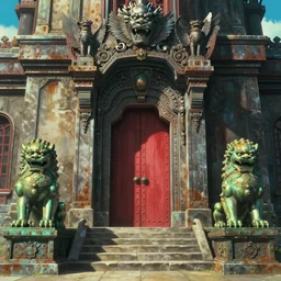 memorable animation key shot of a temple, ultra wide, red door, stone steps, symmetrical brass lion statues, giant steel winged lion, sunlight, entrance, ornate, rust, art deco, metal rivets, by ghibli, shinji kimura, background art, fantastic architecture, cinematic lighting