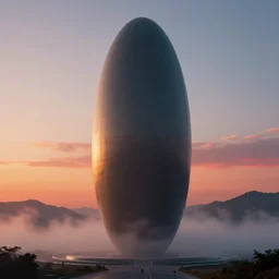 professional cinematic photograph concept render of a single massive beautiful neo - futuristic matte symmetrical elongated oval monolith by ilm and denis villeneuve, emmanuel shiu, zaha hadid, mist vapor, sunset, deep color, architectural scale, distant mountains, hyperrealism, very high detail, volumetric, trending on artstation, cgsociety, rendered in octane
