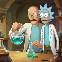 walter white is brewing potions with rick and morty, highly detailed, digital art, trending on artstation