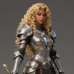 complex 3 d hyper realistic smooth ultra sharp render of a gorgeous paladin woman | tanned skin, curly blonde hair | d & d, medieval, fantasy | art by oh jinwook + 吵 集 仁 儿 on artstaion + takeshi obata