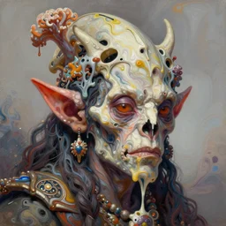 portrait of a very ugly goblin by irakli nadar with intricate detailed color smashing fluid oil paint and acrylic, headdress made of bones, melting wax, mycelia, abstract impressionism, ruan jia, fantasy, hyper detailed, concept art, by peter mohrbacher and gustav klimt,