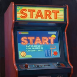 arcade start screen. retro technology, vintage colors and shapes, wayne barlow, oil on canvas, deep depth of field, masterpiece, cinematic composition, hyperdetailed