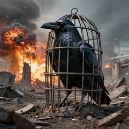 postapocalyptic picture of caged raven, ruins around, nuclear explosion, erik johansson style, conceptual art, the last day on the earth, insane detail, hyper realistic 8 k textured