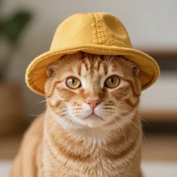 ginger tabby cat wearing a silly hat