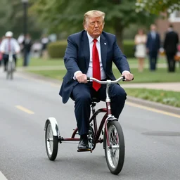 Donald Trump riding a tricycle, ultrarealistic, 8k, wide shot,