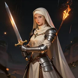 A celtic-looking valkyrie nun wearing lightweight armor and wielding a splinter sword, at night, with a flame arrow rain on the background, award-winning digital art