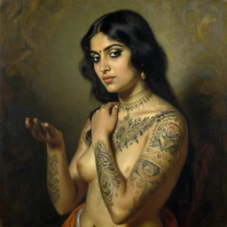 detailed potrait 8 0 s srilankan girl with tatoos all over body in baroque style, girl graceful,, painting by gaston bussiere, craig mullins, j. c. leyendecker, lights, art by ernst haeckel, john william godward, hammershøi,,