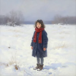 a seven year old girl in a snowy field. beautiful painting by artgerm and greg rutkowski