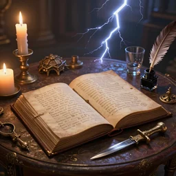 a beautiful gonzo illustration of an open spellbook on an antique table, candles, sacrificial dagger, ink and quill, glass, micro details, masterpiece, dramatic lightning, very high details, by digital domain, by weta digital, by lim