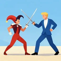 a blond man in a blue suit sword fight with a jester, sunny day, matte painting, bold shapes, hard edges, street art, trending on artstation, by huang guangjian, gil elvgren, ruan jia, randy vargas, greg rutkowski