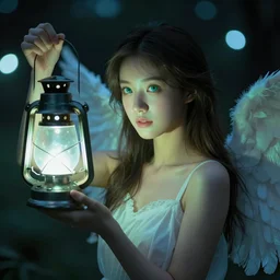 dreamy portrait of a beautiful angel holding up an illuminated lantern, soft neon and teal glowy lighting, photorealistic portrait, bokeh background, night lights, sharp focus, smooth facial tones, blue emerald eyes, volumetric lighting, 8 5 mm photography, award - winning photography, trending on artstation, hyperrealism