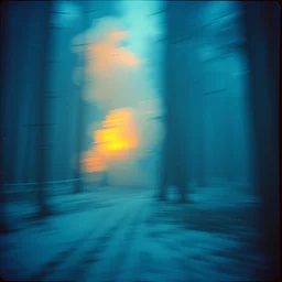 kodak portra 4 0 0, wetplate, deep winter, muted colours, blueberry and orange and teal, forest, 1 9 2 0 s style, motion blur, portrait photo of a backdrop, explosions, rockets, bombs, fog, by georges melies and by britt marling