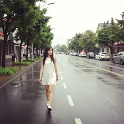 A vibrant photograph of a young woman in sleeveless white is walking on the street, wide shot, outdoors, overcast photo at rainy day, wide-angle lens, soft focus, shot on iPhone 6, on Flickr in 2007.