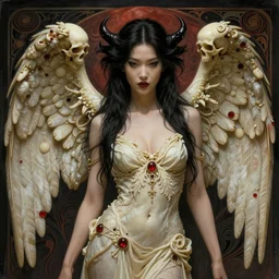 gustave dore beautiful desirable vampire asian girl with ivory skull wings with some crimson, beautifully lit, hyperdetailed, lighting, featured on artstation, by wlop, zeen chin, rutkowski, mucha klimt, dreadjim, 4 k, micro details