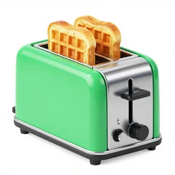 a lamborghini brand toaster with bright colors, toasted bread going into slots, eggo waffle inside toaster, aggressive angular design, bold lamborghini style, glowing heating coils, product shot on breakfast table