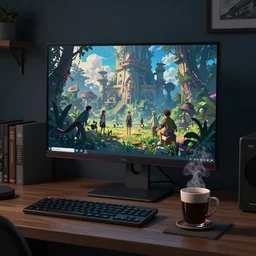 computer desk, monitor, steaming coffee on desk, dimly lit bedroom, unreal engine, fantasy art by greg, loish, rhads, ferdinand knab, makoto shinkai and lois van baarle, ilya kuvshinov, rossdraws, tom bagshaw, night lighting, trending onstudio ghibli, highly detailed, octane render, 8 k