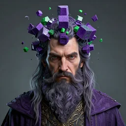 portrait of bearded wizard with purple and green cubes orbiting head, intricate abstract. intricate artwork, by tooth wu, wlop, beeple, dan mumford. concept art, octane render, trending on artstation, greg rutkowski very coherent symmetrical artwork. cinematic, key art, hyper realism, high detail, octane render, 8 k, iridescent accents