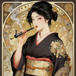 hyperdetailed portrait of a woman in a kimono smoking a bong, digital painting, artstation hq, sharp foccus ilustration, artstation hq. intricate, elegant. wlop, artgerm, greg rutkowski, alphonse mucha, medium shot. dan mumford, tomokazu matsuyama, takato 4 yamamoto