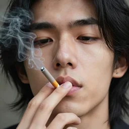 smoking young man attractive, past shoulders black hair, grecian nose, realistic, macro photography