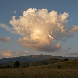 sunlit cumulonimbus clouds approach over background mountains towards a hilly, grassy field with sparse trees at sunset, very detailed, style of ernst haeckel