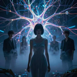 the ghost in the machie, dense web of neurons firing, psychedelic lights and fog, zdzislaw, ayami kojima, yamamoto, barclay shaw, karol bak, hyperrealist, 8 k