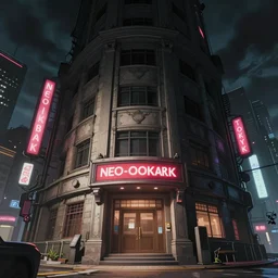 Wide Angle ingame Screen Shot of neo-Tokyo Bank, in the Style of Akira, Anime, Dystopian, Cyberpunk