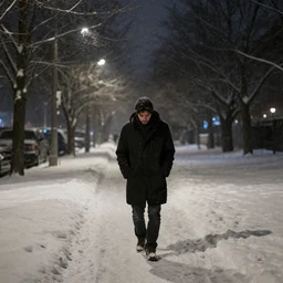a lonely man walking through the snow alone and sad at night