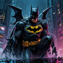 batmobile city night life heavy rain cyberpunk splash art graphic design color splash high contrasting art, fantasy, highly detailed, art by greg rutkowski