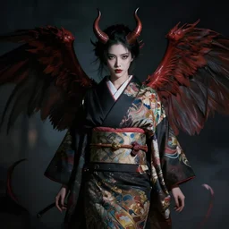 a photorealistic dramatic fantasy render of a beautiful woman wearing a clasical japanese kimono, with demon horns and demon wings, by wlop, artgerm, greg rutkowski, alphonse mucha, beautiful dynamic dramatic dark moody lighting, shadows, cinematic atmosphere, artstation, concept design art, octane render, 4 k