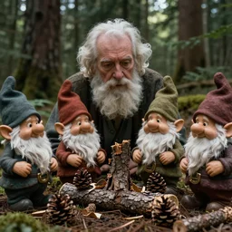 movie scene portrait closeup, real life team of gnomes building structures from bark and pine cones in the forest natural lighting by emmanuel lubezki