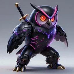 Tekken 4 fighter anime Stunning Portrait Robot Owl with Neon Lines all over its body, short black feathers with a sword on its back in a fighting stance, digital painting, artstation, concept art, soft light, hdri, smooth, sharp focus, illustration, art by tian zi, craig mullins, Mark Arian, WLOP, alphonse mucha