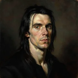a portrait of nick cave, masterpiece, dramatic lighting, painting by caravaggio and ruan jia and jakub rebelka and basil gogos