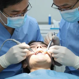 a dentist drilling a tooth while drinking a cigrette held by his assistant