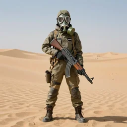 doll weaing gas mask, holding ak - 4 7, standing in desert, by mark ryden, breathtaking, 8 k resolution, extremely detailed, beautiful