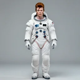 medium - shot photo of david bowie!! wearing a space suit, walking on the moon!! surface!!, visible!! face!!, by warhol,